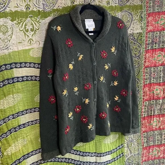 Vtg 90's Christopher & Banks Green Hand Embroidered Cottage Cardigan Size Large - Picture 6 of 14